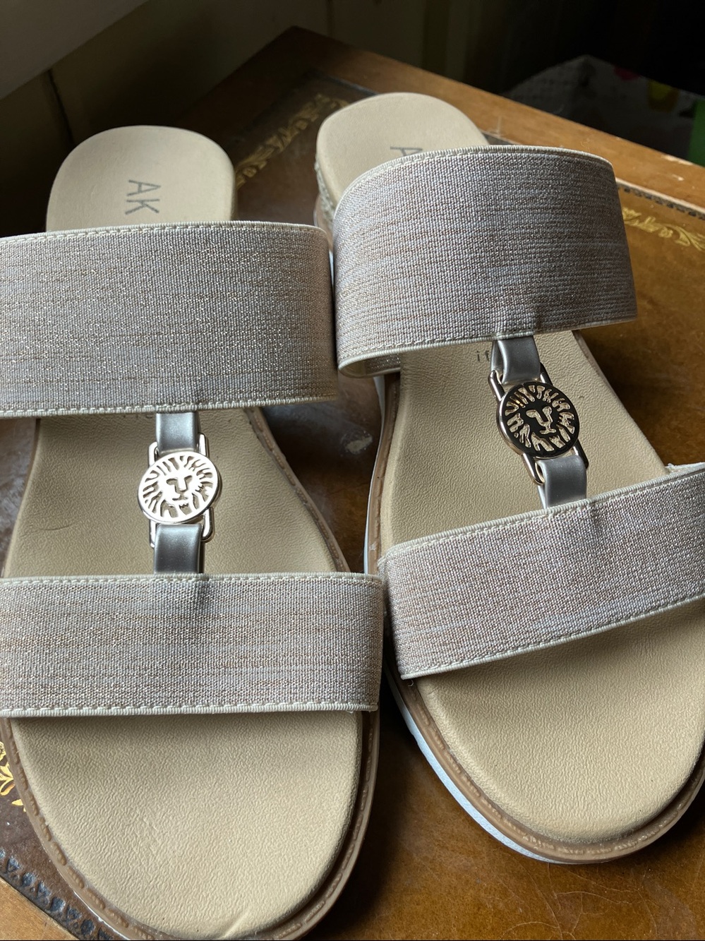 Anne Klein Beige Dual-Strap Slide Sandals with Metallic Emblem